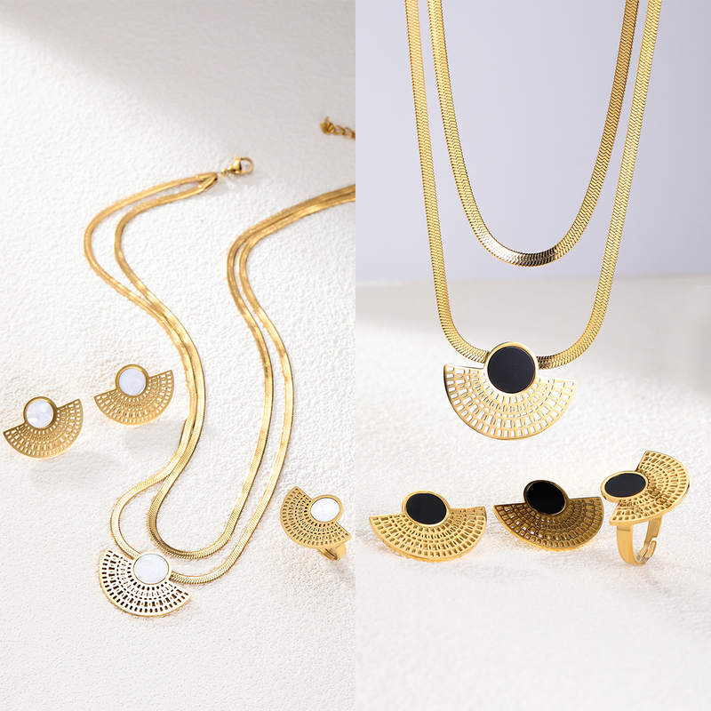201 Stainless Steel 18K Gold Plated Retro Simple Style Plating Hollow Out Inlay Sector Plastic Jewelry Set