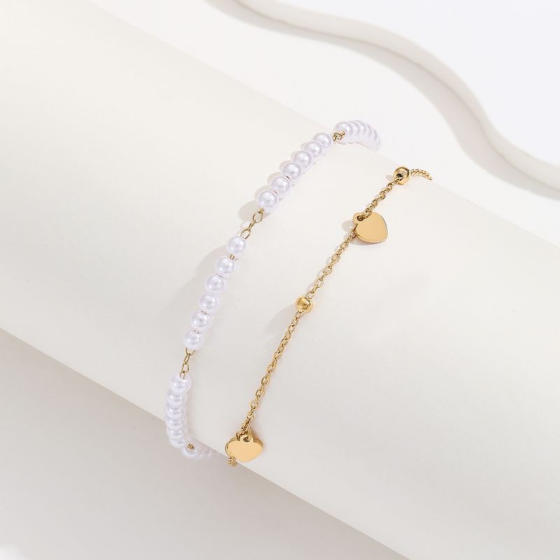 Sweet Heart Shape Stainless Steel Artificial Pearl Beaded Plating 18k Gold Plated Women's Anklet