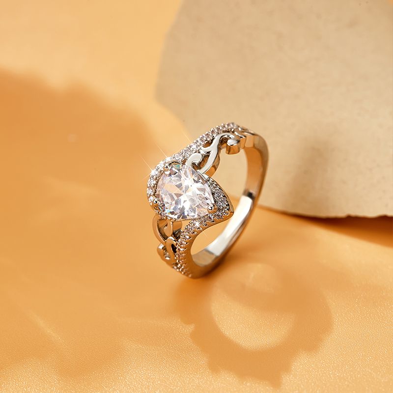 Modern Style Water Droplets Copper Plating Hollow Out Inlay Rhinestones Zircon White Gold Plated Rings