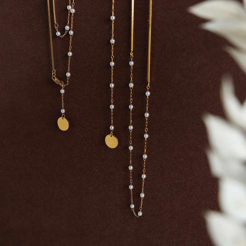 Elegant Luxuriös Ferien Perle Imitationsperle Titan Stahl Perlen Überzug 18 Karat Vergoldet Frau Doppellagige Halsketten