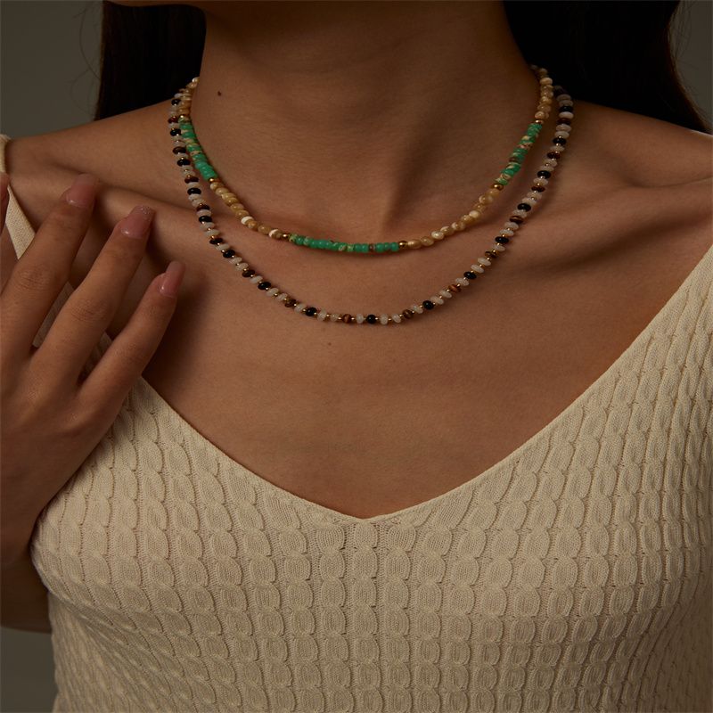 Casual Simple Style Round Stainless Steel Natural Stone Titanium Steel Beaded Plating Gold Plated Necklace