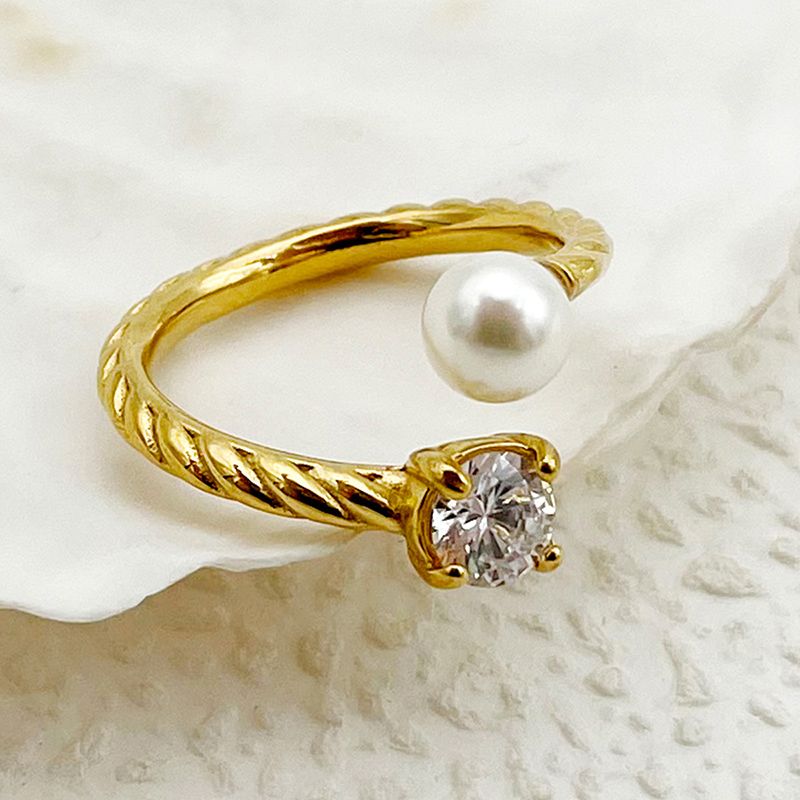 Edelstahl 304 Vergoldet Elegant Süss Römischer Stil Überzug Inlay Einfarbig Perle Zirkon Ringe