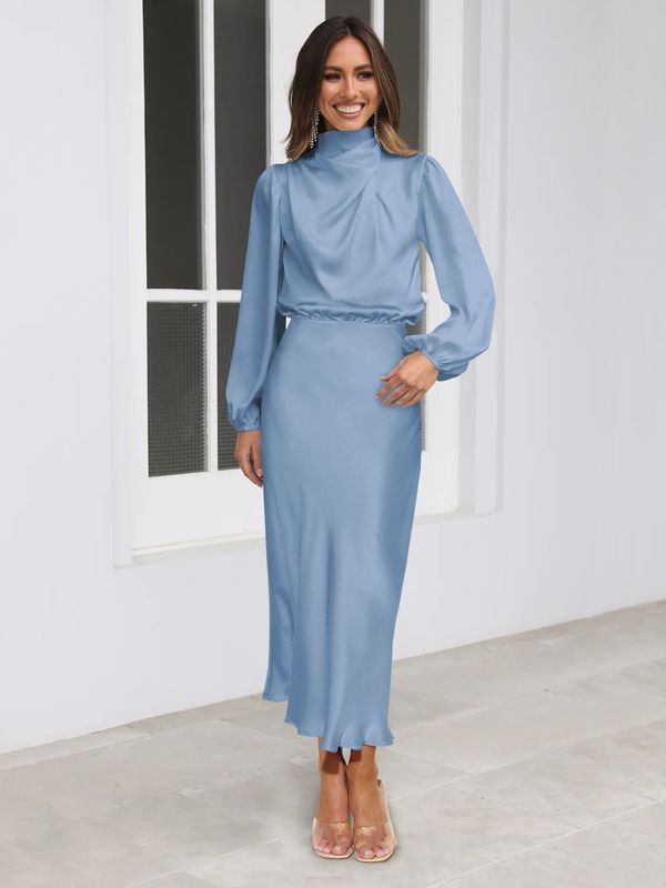 Party Dress Simple Style Standing Collar Pleated Long Sleeve Solid Color Midi Dress Party Street