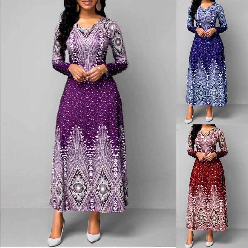 Women's Regular Dress Elegant V Neck Printing Long Sleeve Printing Maxi Long Dress Street