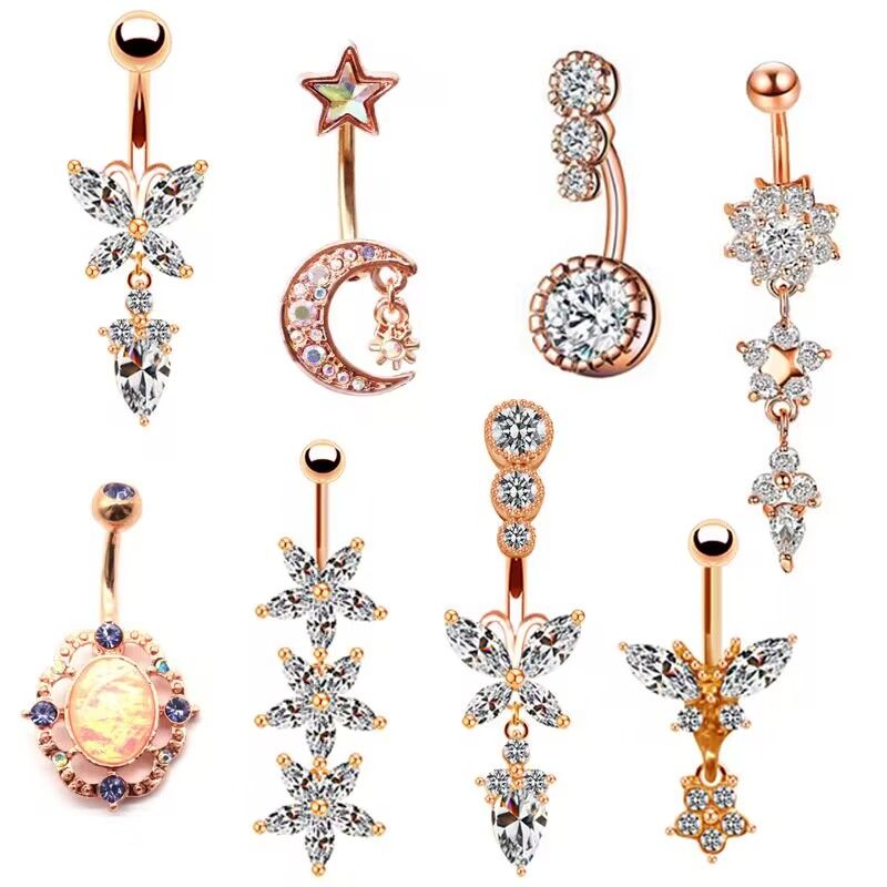 Casual Letter Fruit Snowflake Stainless Steel Copper Rose Gold Plated Rhinestones Zircon Belly Ring In Bulk