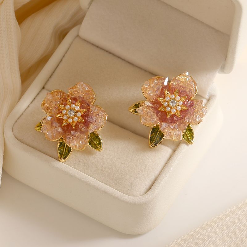 1 Paar Süss Blume Emaille Überzug Inlay Kupfer Künstliche Perlen Kristall 14 Karat Vergoldet Ohrstecker