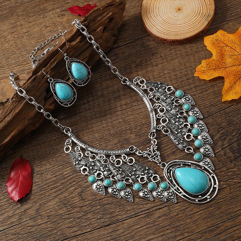 Elegant Ethnischer Stil Wassertropfen Versilbert Türkis Legierung Großhandel Ohrringe Halskette