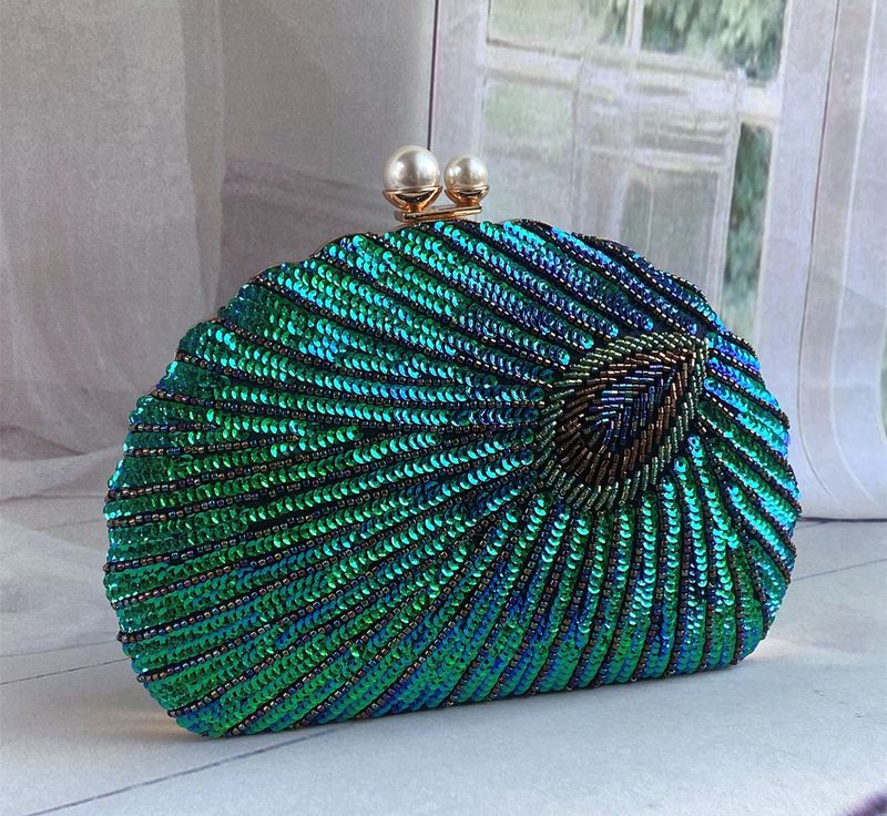 Blue Black Gold Metal Feather Beading Sequins Shell Evening Bags