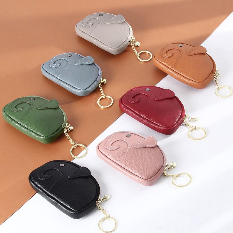 Women's Elephant Solid Color Cowhide Zipper Wallets