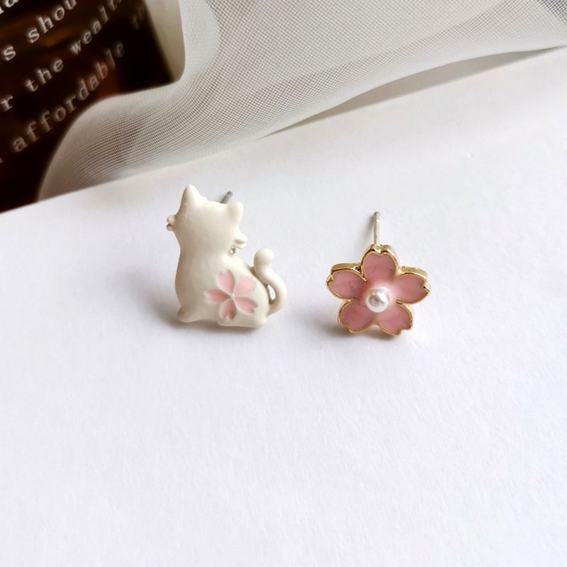 1 Paire Mignon Style Simple Chat Fleur Asymétrique Placage Alliage Clips D'oreille Boucles D'oreilles