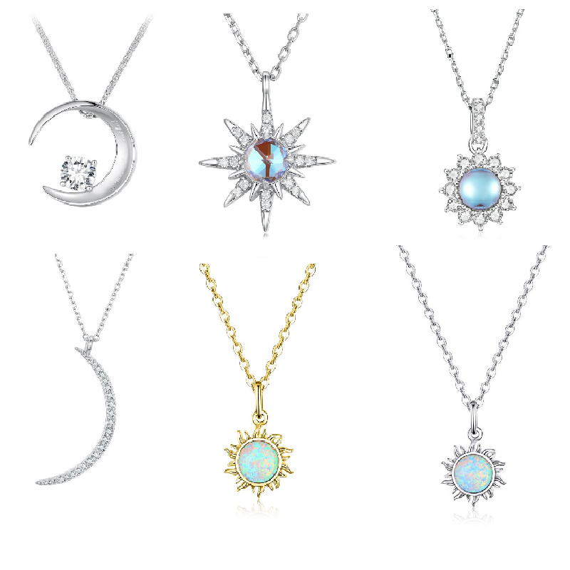 Casual Sun Moon Sterling Silver White Gold Plated Turquoise Zircon Necklace In Bulk