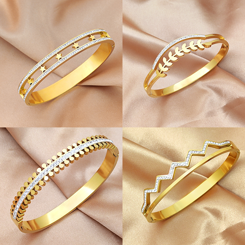 Simple Style Classic Style Leaf Star Stainless Steel Plating Inlay Zircon 18k Gold Plated Bangle