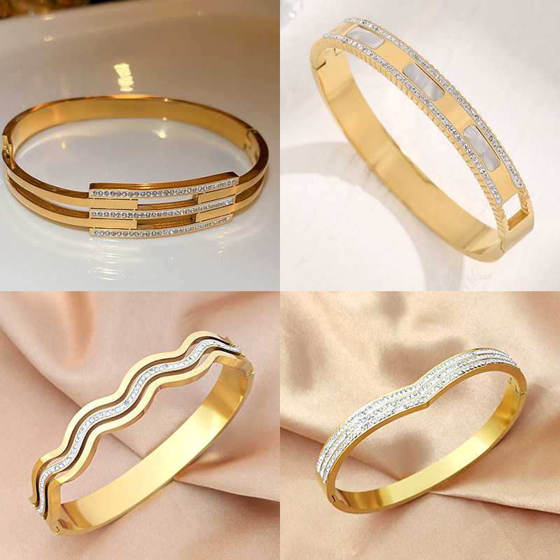 Glam Luxurious Classic Style Geometric Stainless Steel Titanium Steel Plating Inlay Zircon 18k Gold Plated Bangle