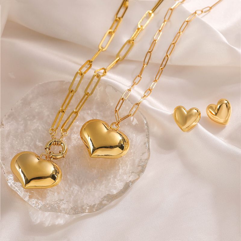 Casual Vintage Style Simple Style Heart Shape Copper 18k Gold Plated Earrings Necklace In Bulk