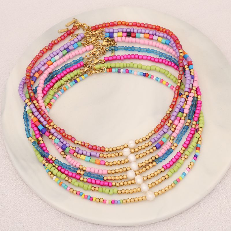Stainless Steel Artificial Pearl Seed Bead 18K Gold Plated Casual Bohemian Beaded Handmade Multicolor Necklace
