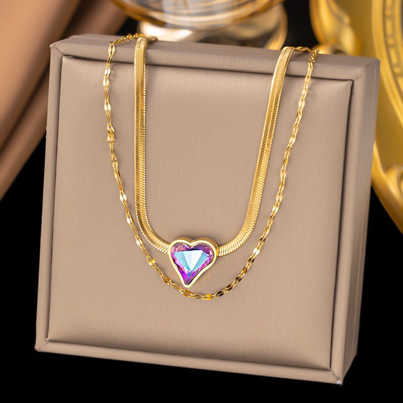 304 Stainless Steel 18K Gold Plated Simple Style Plating Inlay Heart Shape Artificial Rhinestones Double Layer Necklaces