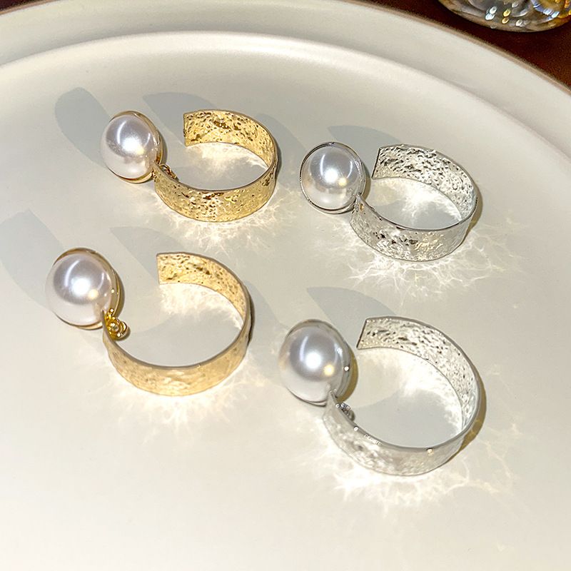 Wholesale Jewelry Vintage Style Geometric Color Block Alloy Pearl Plating Inlay Hoop Earrings