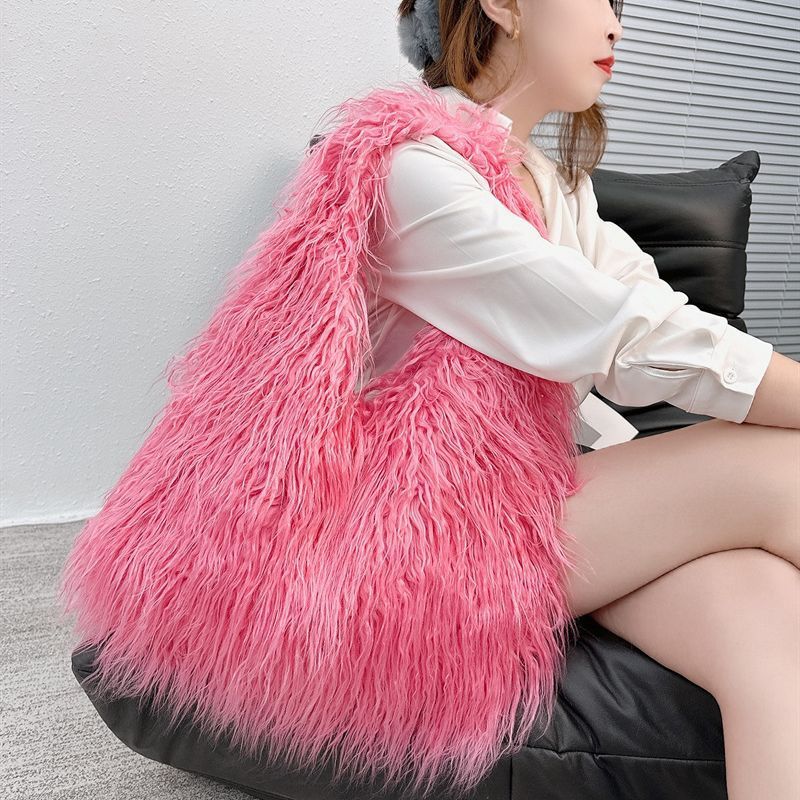 Women's Large Autumn Plush Solid Color Basic Square Magnetic Buckle Shoulder Bag