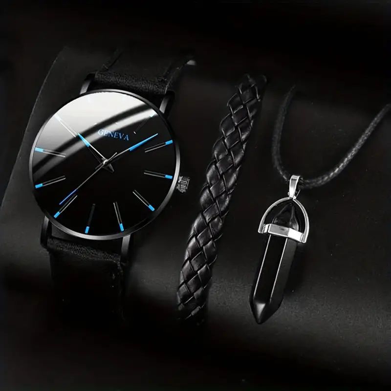 1 Piece Men's Casual Up Quartz Watch And 1 Piece Exquisite Leather Bracelet Plus 1 Piece Bullet Ornament Necklace
