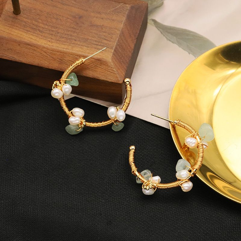 1 Pair Original Design Round Plating Freshwater Pearl Mixed Materials 18k Gold Plated Earrings