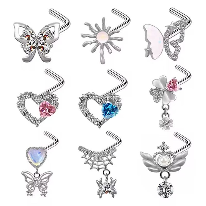 Christmas Simple Style Commute Heart Shape Bow Knot Stainless Steel Plating Inlay Rhinestones Zircon White Gold Plated Nose Studs