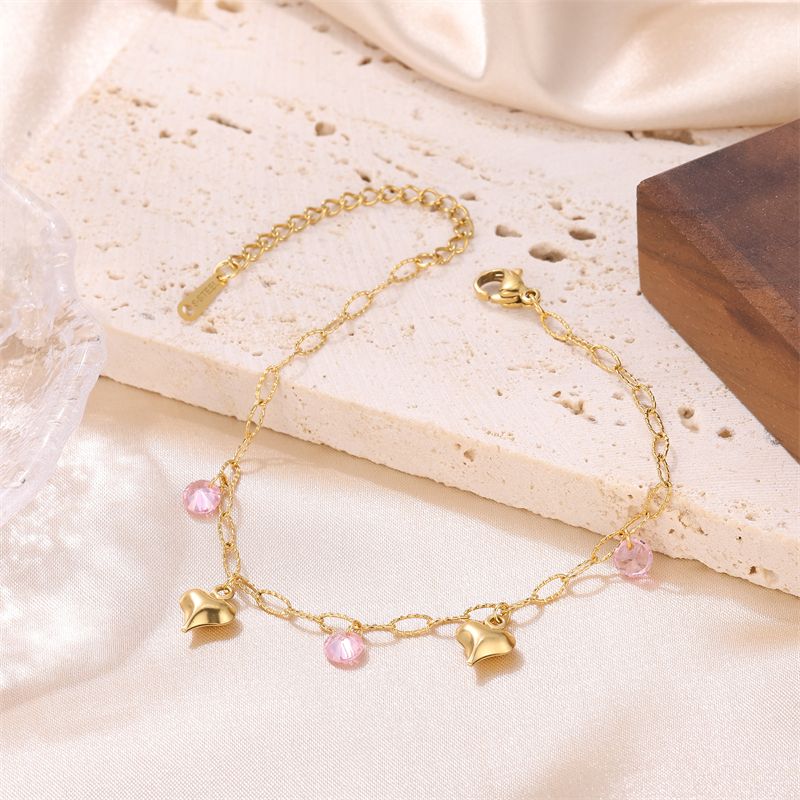 Fairy Style French Style Sweet Heart Shape Stainless Steel Plating Inlay Rhinestones 18k Gold Plated Women's Anklet