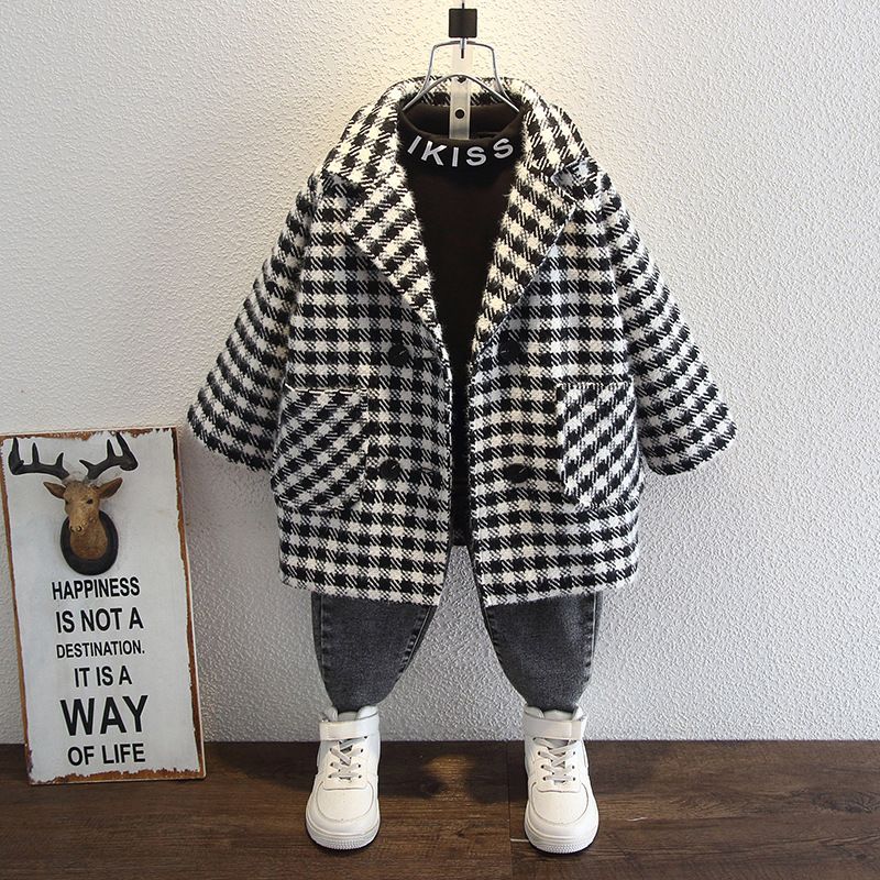 Classic Style Houndstooth Woolen Boys Outerwear