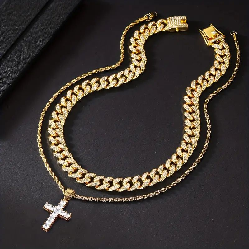 304 Stainless Steel Copper Hip-Hop Vintage Style Simple Style Plating Inlay Cross Zircon Double Layer Necklaces