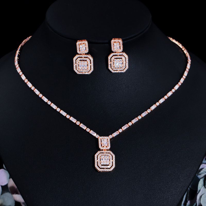 Luxurious Bridal Square Copper Inlay Artificial Gemstones White Gold Plated Rhodium Plated Jewelry Set