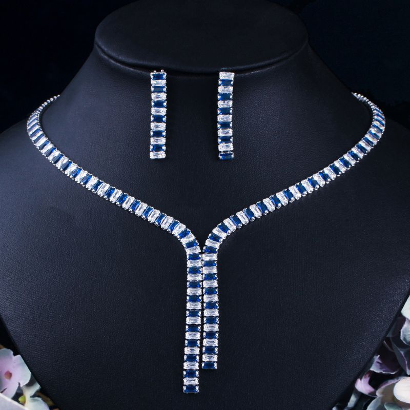 Luxurious Bridal Rectangle Copper Plating Inlay Artificial Gemstones White Gold Plated Rhodium Plated Jewelry Set