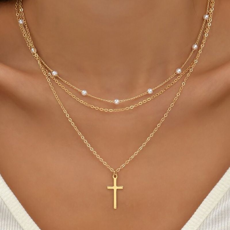 Lady Simple Style Cross White Gold Plated Gold Plated Imitation Pearl Alloy Wholesale Double Layer Necklaces Pendant Necklace