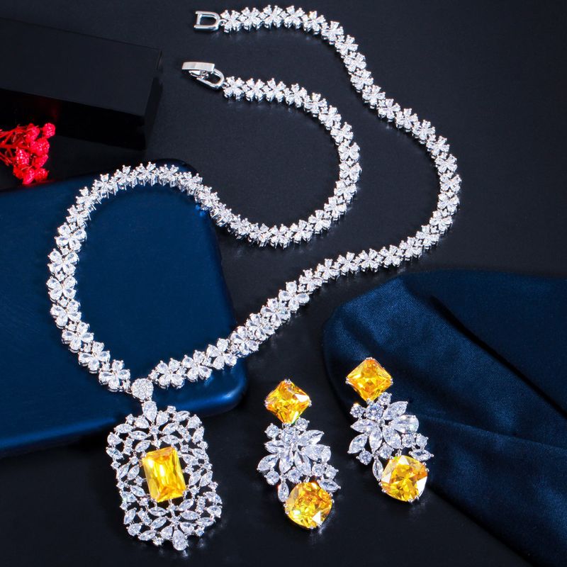 Copper White Gold Plated Rhodium Plated Wedding Bridal Plating Inlay Heart Shape Crown Snowflake Artificial Gemstones Jewelry Set