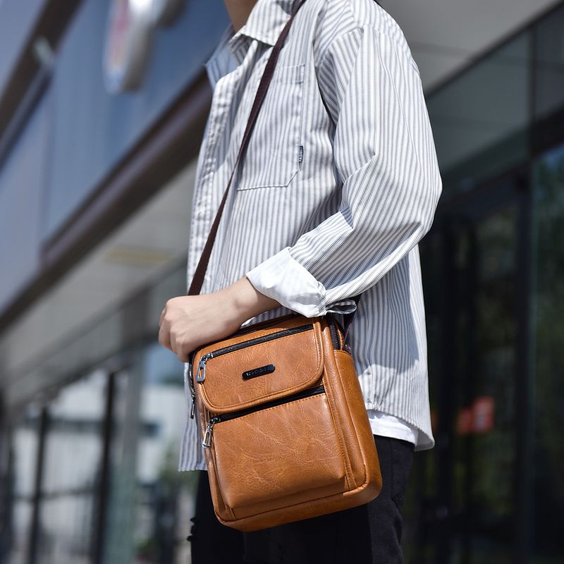 Men's All Seasons Pu Leather Solid Color Vintage Style Square Zipper Shoulder Bag