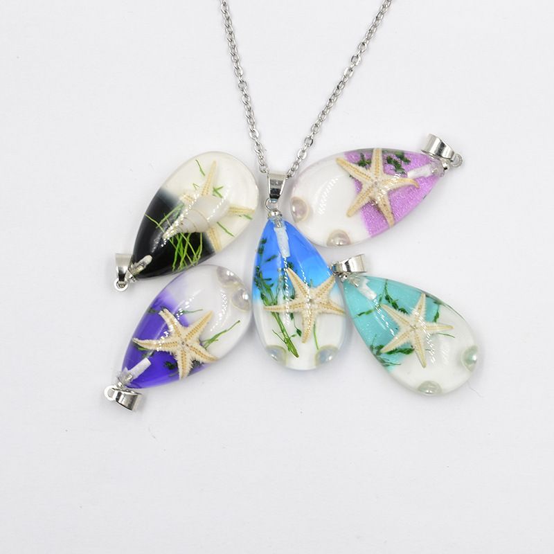 Creative Handmade Resin Starfish Shell Water Drop Stainless Steel Necklace Women's Jewelry Student Travel Necklace