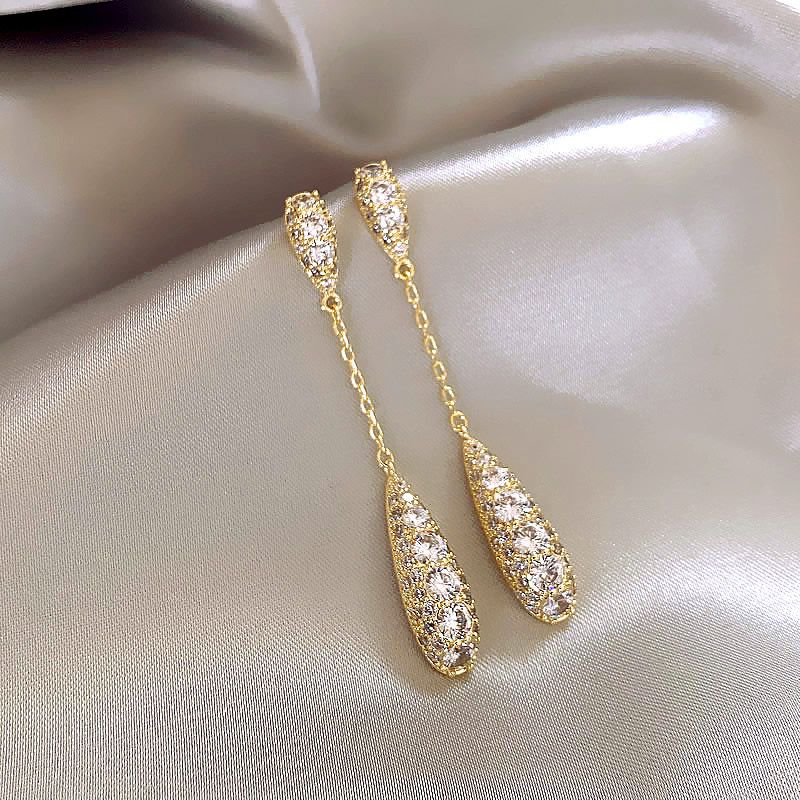 1 Pair Lady Water Droplets Tassel Plating Inlay Alloy Rhinestones Gold Plated Drop Earrings