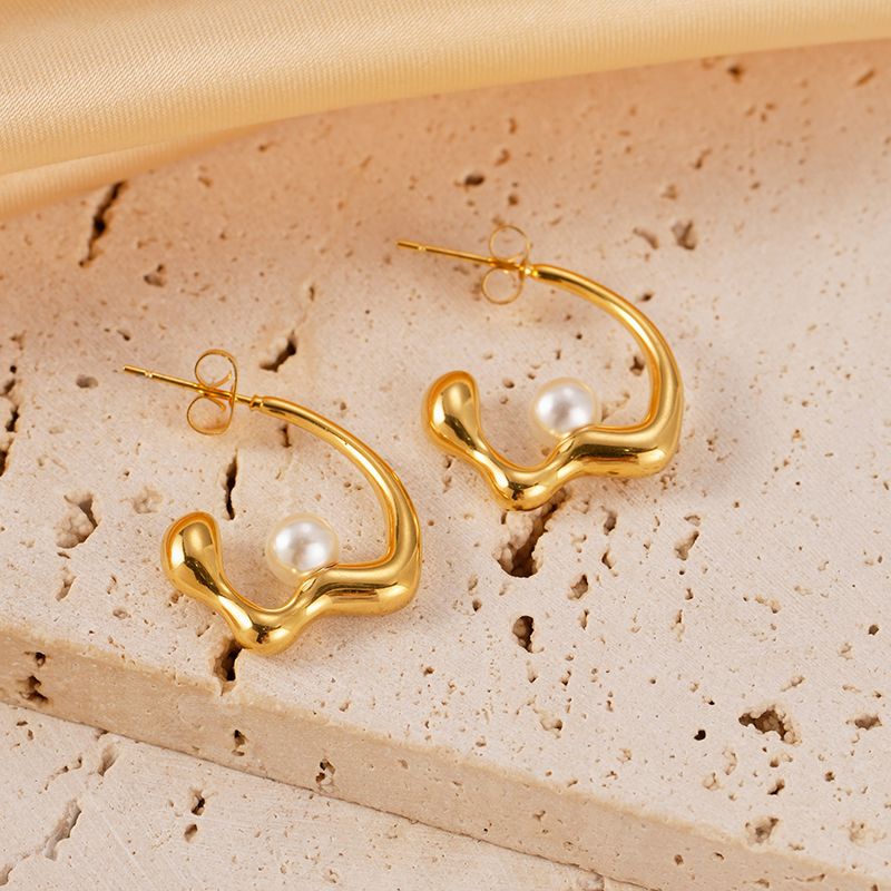 1 Pair Vacation Simple Style C Shape Plating Inlay 304 Stainless Steel Pearl 14K Gold Plated Ear Studs