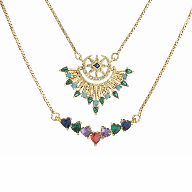 Vintage Style Color Block Heart Shape Copper Plating Inlay Zircon Pendant Necklace