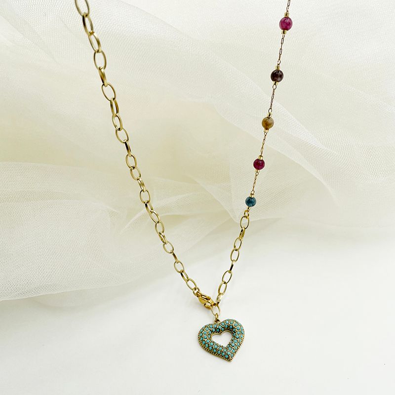 Edelstahl 304 Künstlicher Kristall Vergoldet Romantisch Süss Einfacher Stil Patchwork Emaille Überzug Herzform Halskette Mit Anhänger