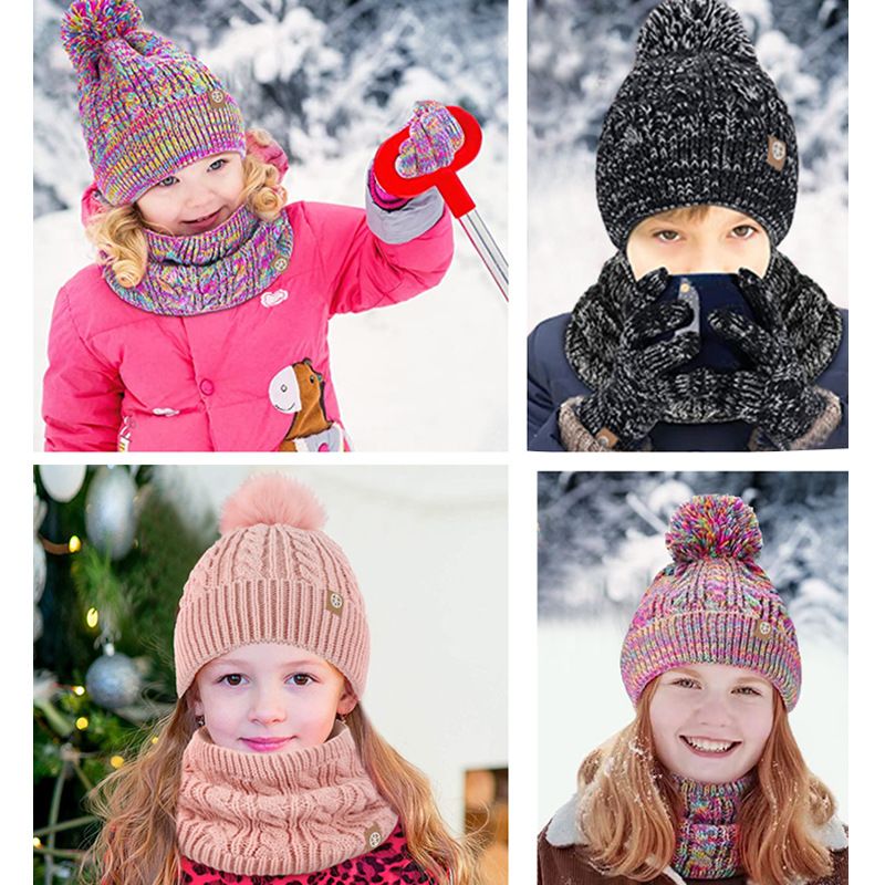 أطفال كرة فرو قبعة وشاح قفازات طقم من ثلاث قطع بدلة تريك حرارية مبطنة بالصوف للأطفال في فصل الشتاء