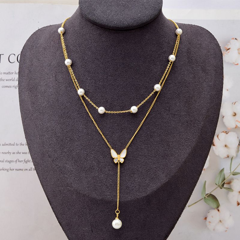 Retro French Style Butterfly Artificial Pearl Titanium Steel Plating 18k Gold Plated Layered Necklaces