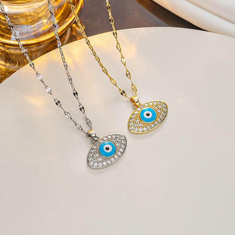 Ig Style Devil's Eye Titanium Steel Enamel Plating Inlay Artificial Diamond Pendant Necklace