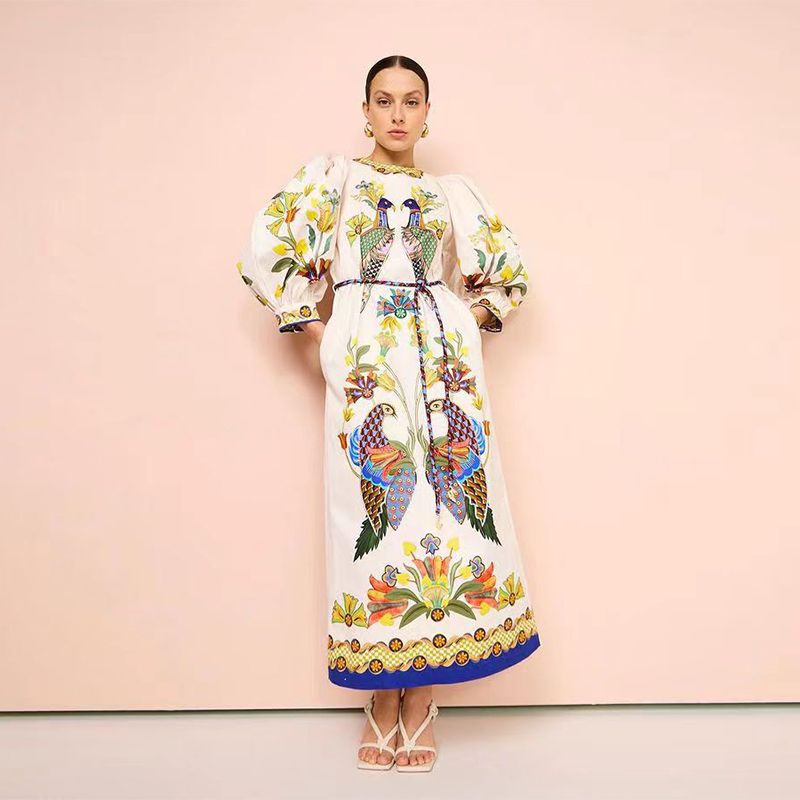 Women's Slit Dress Casual Ethnic Style Round Neck Printing Long Sleeve Animal Maxi Long Dress Travel