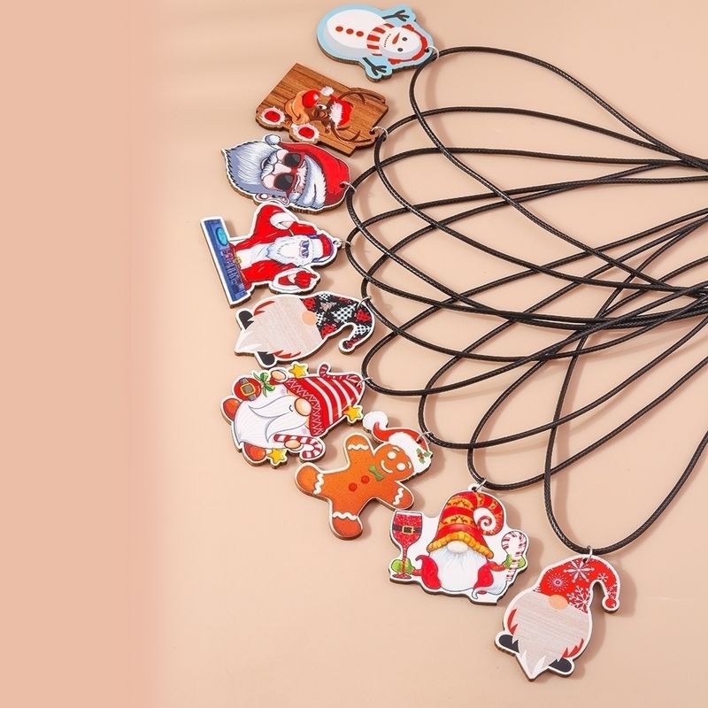Cute Santa Claus Wood Printing Christmas Women's Pendant Necklace
