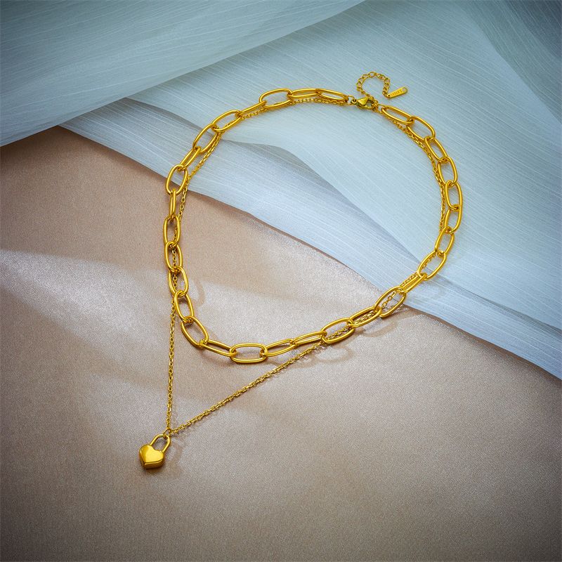 304 Stainless Steel 18K Gold Plated Retro Korean Style Layered Plating Heart Shape Double Layer Necklaces