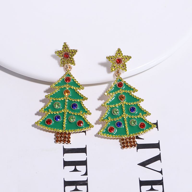 1 Paar Einfacher Stil Weihnachtsbaum Inlay Legierung Juwel Vergoldet Ohrstecker