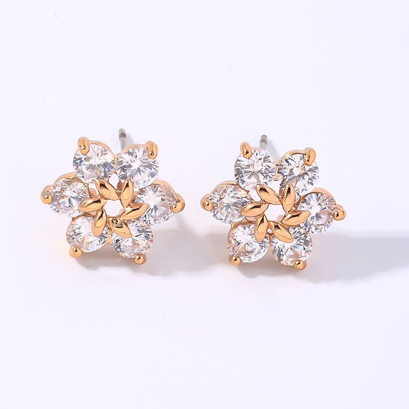 1 Paire Décontractée Style Simple Brillant Fleur Placage Incruster Le Cuivre Zircon Boucles D'Oreilles