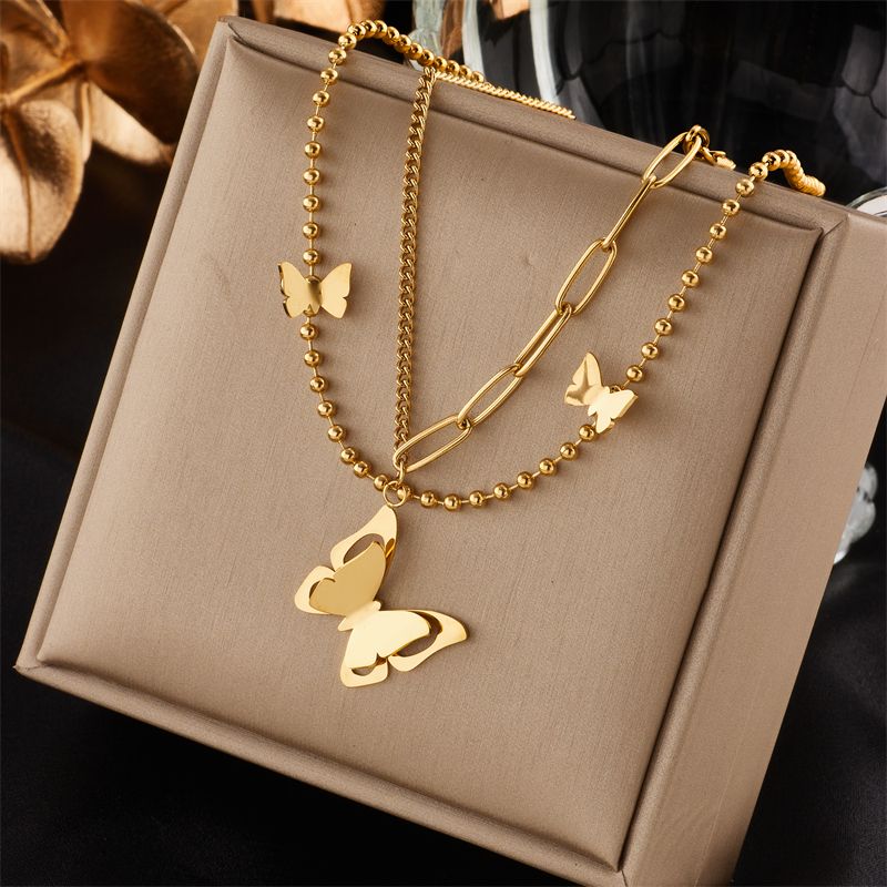 304 Stainless Steel 18K Gold Plated Simple Style Plating Butterfly Double Layer Necklaces