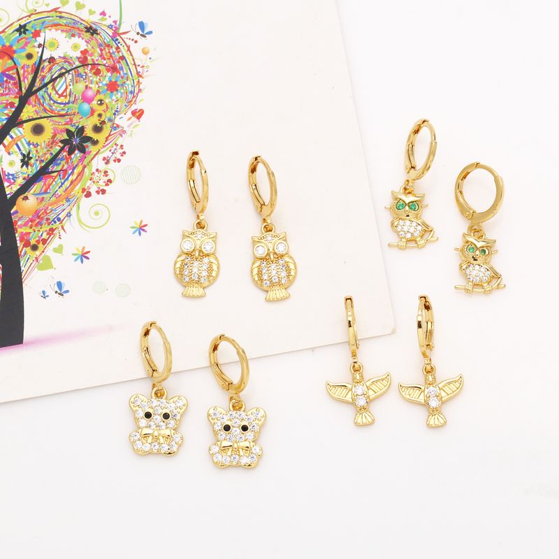 1 Paire Style Simple Ours Hibou Placage Incruster Le Cuivre Zircon Plaqué Or 18k Boucles D'oreilles