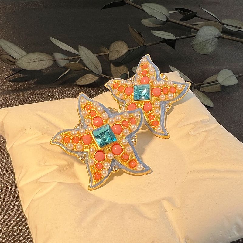 1 Piece Ig Style Starfish Plating Inlay Copper Pearl Zircon Gold Plated Ear Studs