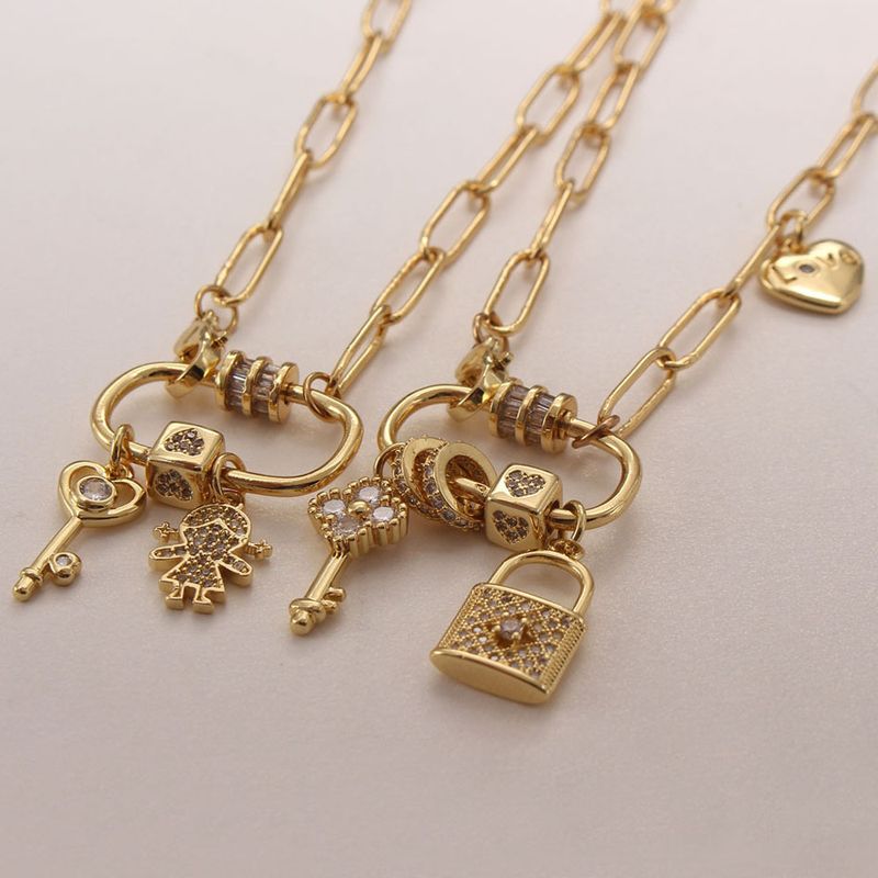 Basic Heart Shape Key Lock Copper Plating Inlay Zircon Gold Plated Pendant Necklace